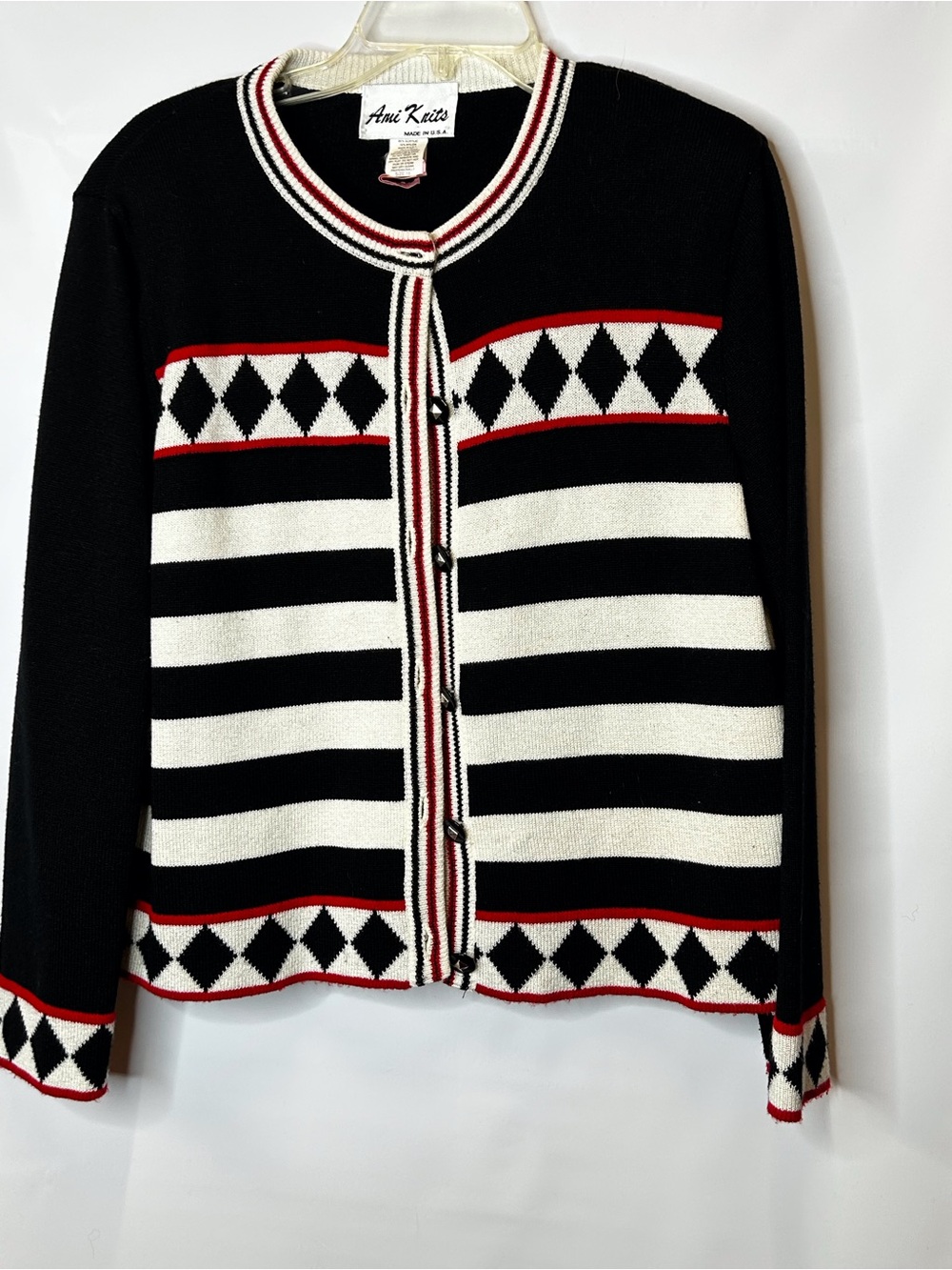 Black & White Striped Cardigan with Red Trim